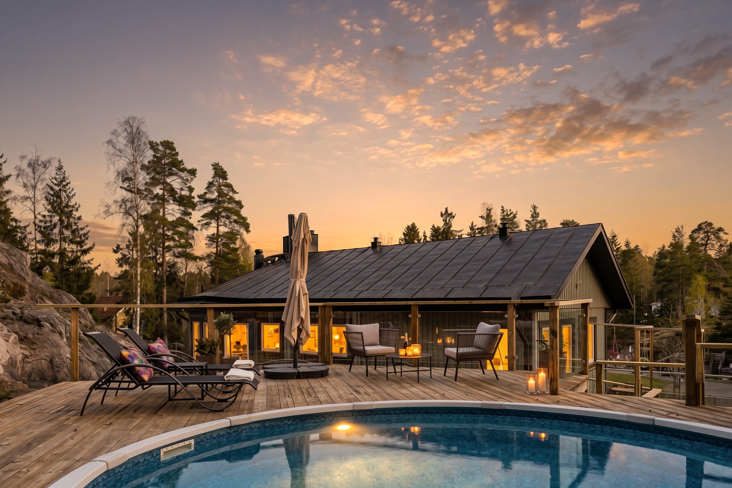 Same property after day to dusk conversion with warm twilight sky