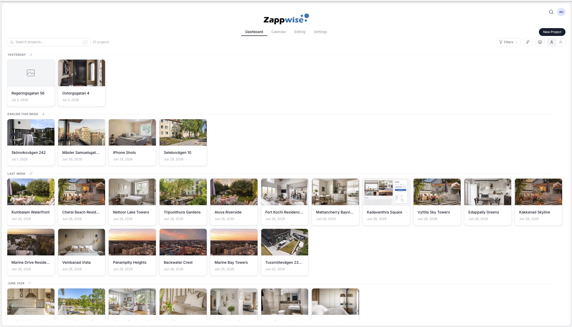 Zappwise Studio dashboard showing a grid of listing projects with photos and dates