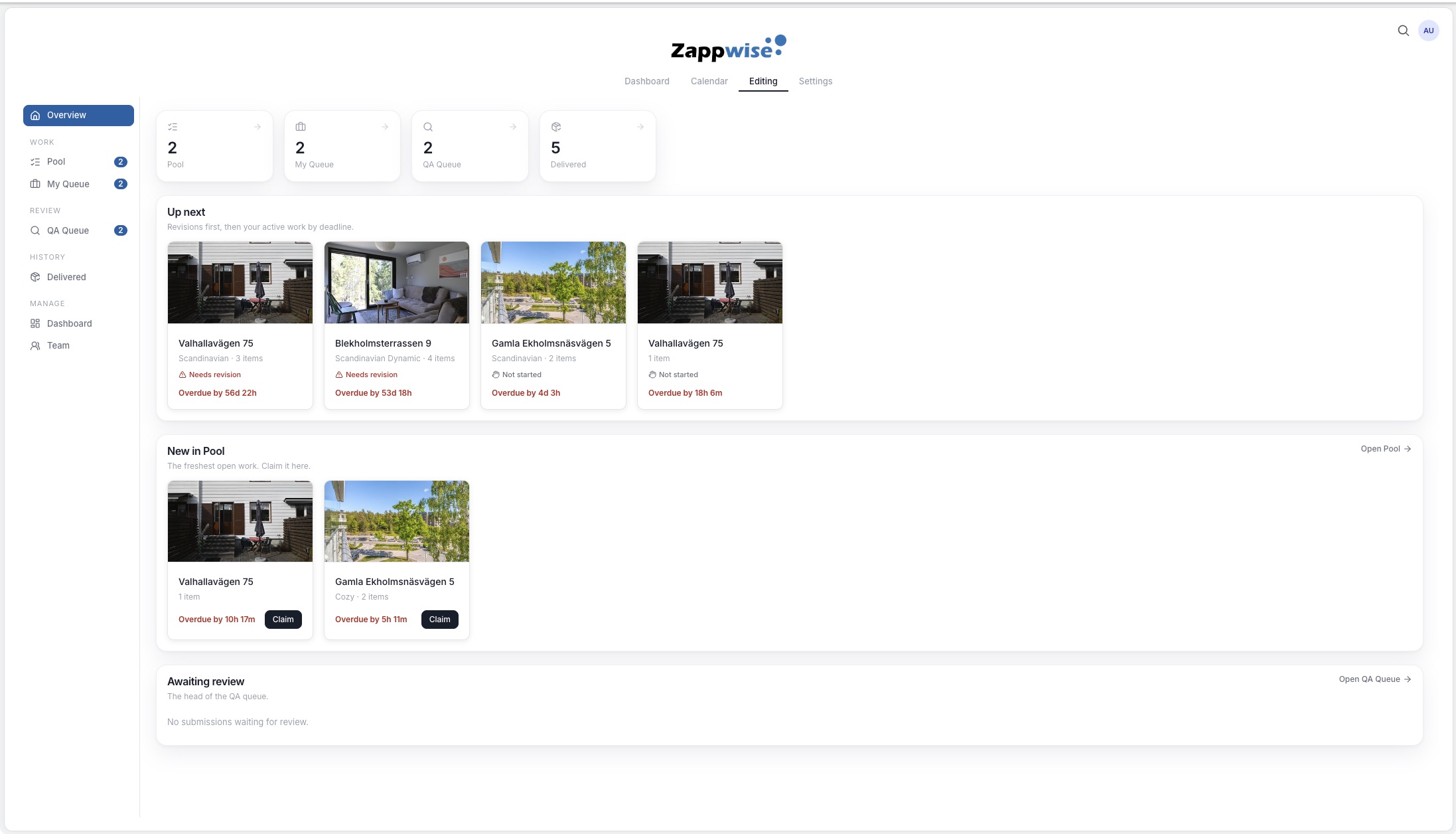 Editor workbench in Zappwise Studio showing pool, queue, and QA counters with claimable jobs