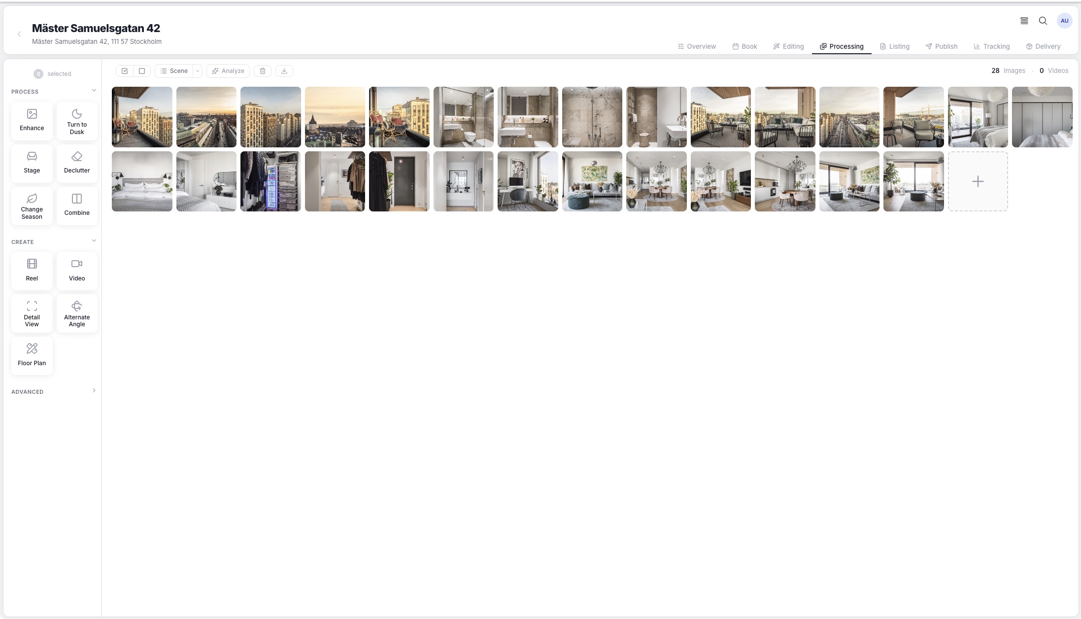 A 28-photo shoot in the Zappwise Studio workspace with the processing tool rail: Enhance, Turn to Dusk, Stage, Declutter, Reel, Floor Plan and more