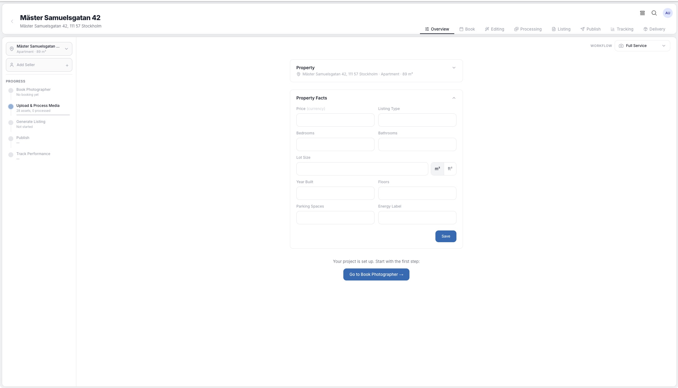 Zappwise Studio project overview with a progress rail from booking to tracking and a property facts form