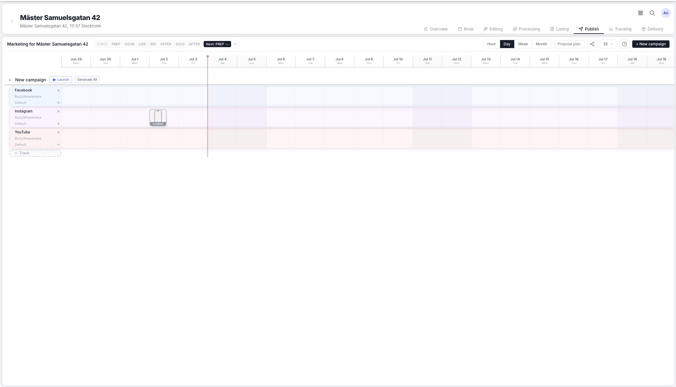 Zappwise Studio campaign timeline with Facebook, Instagram and YouTube channel rows across the listing's phases